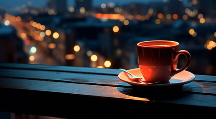 cup of coffee on  table top in street cafe at night ,view on rainy city blurred light and houses, - 641433141