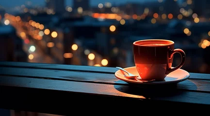 Poster cup of coffee on  table top in street cafe at night ,view on rainy city blurred light and houses, © Aleksandr