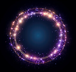 New year cyber punk neon glowing circle frame, futuristic digital background of christmas lights, illustration, black background.