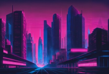 Fototapeta na wymiar Cyberpunk style dark city with pink and blue neon lights - neo-noir, skyscrapers, gradient