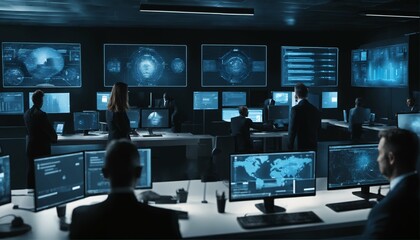 Naklejka premium Futuristic cybersecurity workspace with advanced encryption, biometric access, and security team