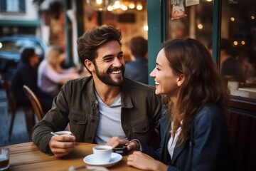 Happy young couple having a date at a cafe outdoors, drinking coffee - obrazy, fototapety, plakaty