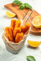 Crispy Fish strips with tartar sauce. Restaurant menu, dieting, cookbook recipe top view