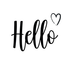 Hello hand drawn ink lettering with heart. Modern brush calligraphy design for postcard isolated on white background. Vector illustration.