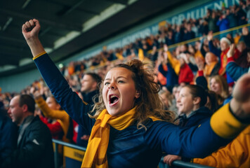 An enthusiastic female sports fan is fully immersed in the excitement of a soccer match with a...
