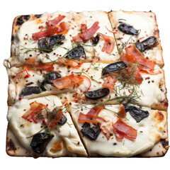Obraz na płótnie Canvas pizza isolated on white Classic, Slices, Wood-fired, Crispy, Pepper flakes, Family-sized, Dough, Takeout, Delicious, Piping hot, Foodie favorite, Satisfying, Flavorful