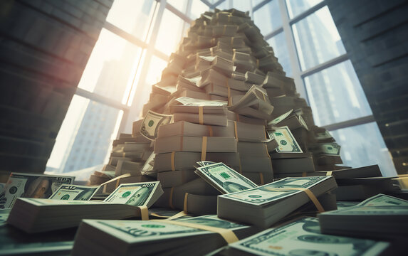Money pile in the office building. Generative AI