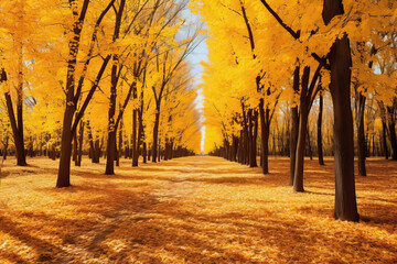 Fototapeta premium landscape of trees with yellow leaves in autumn, ai generated
