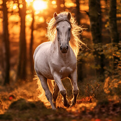 Beautiful white horse running in the forest at dusk