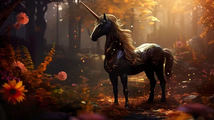 Foto op Plexiglas Digital art magic depicting a beautiful black unicorn with a majestic horn. Digital mystique of imagination between beauty and the unreal in the spotlight. © Vagner Castro