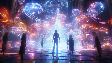 A surreal dance of avatars and real people in XR, all connected by neon threads of light. The scene is set against a backdrop of a cosmic, ever - shifting void