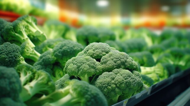 Freshly harvested broccoli in a supermarket