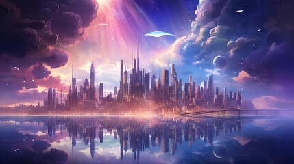 An otherworldly cityscape in XR, where skyscrapers morph into floating islands of data. The skyline is bathed in a surreal, iridescent glow, and translucent beings move through the city