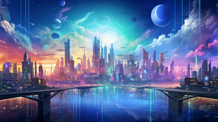 An otherworldly cityscape in XR, where skyscrapers morph into floating islands of data. The skyline is bathed in a surreal, iridescent glow, and translucent beings move through the city