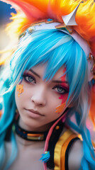 Close - up portrait, cosplayer as anime character, vibrant colors, eye detail focus, sharp foreground, blurred background, vibrant and detailed