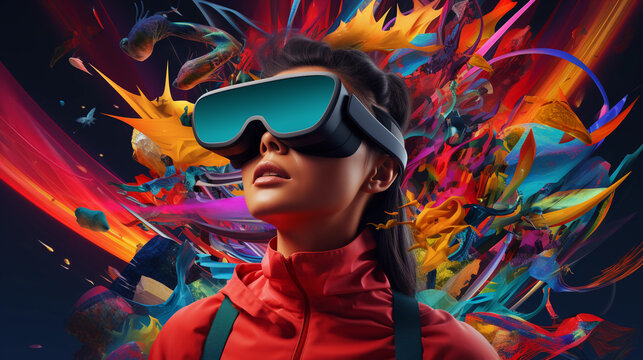 An Abstract Representation Of The XR Experience, With A Human Figure Wearing XR Glasses. Streams Of Data Flow From The Glasses, Intertwining With The Real World. Bright, Electric Colors And A Sense Of