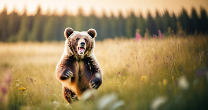immagine primo piano di orso bruno che corre felice in un campo fiorito al tramonto