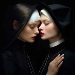 Two very modest beautiful nuns hugging