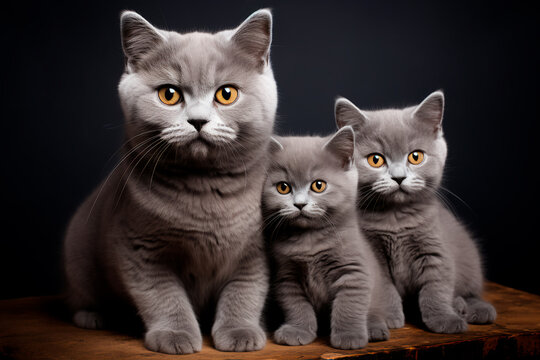 Cute photo of a mother cat with kittens. British shorthair cats
