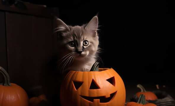 Cute kitten with orange pumpkins in halloween time with halloween ornaments, isolated on black background