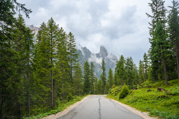 Fototapeta premium Dolomites High Alpine Road in rainy weather, South Tyrol, Italy