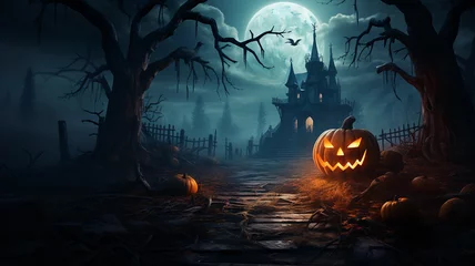Tuinposter halloween pumpkin and a haunted house © Blackbird