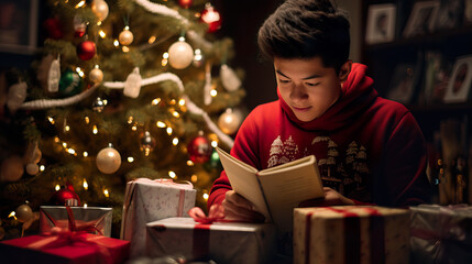 Teenage Asian Boy's Candid Christmas Joy by the Tree.  Generative AI