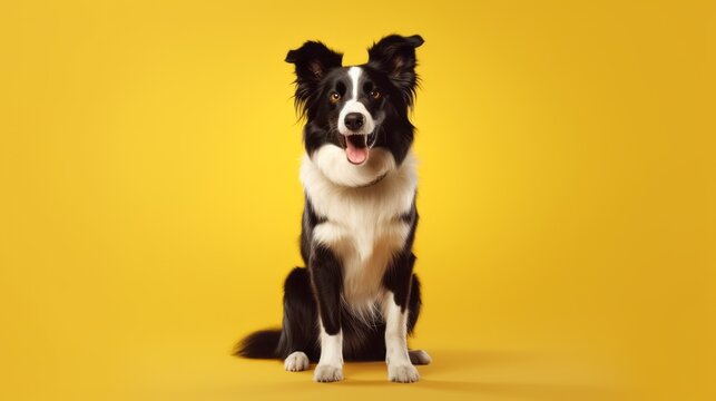 Photo of a Border Collie, Isolated over yellow. Sitting Border Collie.