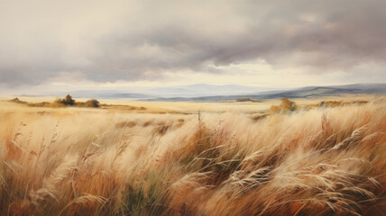 Painting of a prairie landscape and grasses. Grassland scenery and overcast sky in autumn. - obrazy, fototapety, plakaty
