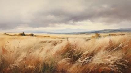 Foto op Plexiglas Painting of a prairie landscape and grasses. Grassland scenery and overcast sky in autumn. © ekim
