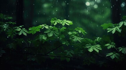 Fototapeta na wymiar A mesmerizing depiction of rain-splattered leaves in a serene forest setting, where the play of light and shadow creates a mood of peaceful calm