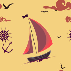 Seamless pattern sunset sea ship pattern design