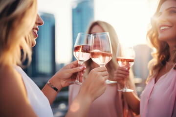 Group of happy rich and stylish woman friends clinking with glasses of wine, celebrating holiday in Dubai with skyline and skyscrapers in the background - obrazy, fototapety, plakaty