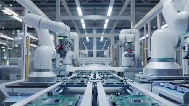 Timelapse of Automated PCB Assembly Line Equipped with Advanced High Precision Robot Arms at Bright Electronics Factory. Semiconductor Production Industry. Component Installation on Circuit Board