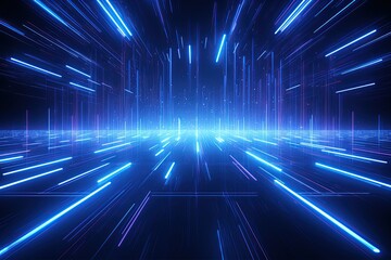 Abstract neon blue background, cyber space, parallel universe, lines, stripes, glow. AI generated