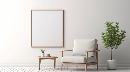 3D rendering of an interior poster that shows a living room with a chair against a blank white wall.