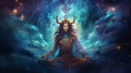 A transcendental spiritual representation of Lord Shiva with the cosmos as the backdrop. Gurudeva, electronic art, and Mahamaya