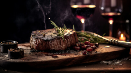 Fototapeta na wymiar beef steak on wooden board close up.
