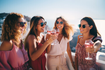 Group of happy female friends celebrating holiday clinking glasses of rose wine in Santorini