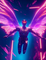 In the neon-drenched cityscape of tomorrow, a cyberpunk angel emerges, a visionary fusion of celestial grace and technological prowess. With wings that gleam with circuitry and ethereal light
