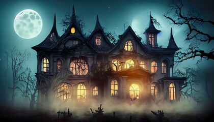 Fototapeta na wymiar New Halloween haunted Old house With Big Moon, Flying Bats.