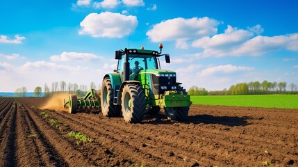Using a tractor, a farm field is seeded. Activity in agriculture