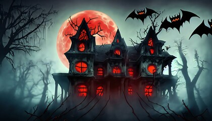 New Halloween haunted Old house With Big Moon, Flying Bats.