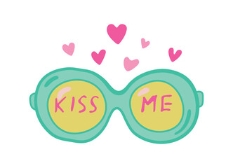 sunglasses cute vector illustration. Glasses lettering kiss me hearts isolated on white background. valentine's day banner