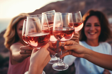 Group of happy female friends celebrating holiday clinking glasses of rose wine in Santorini - obrazy, fototapety, plakaty