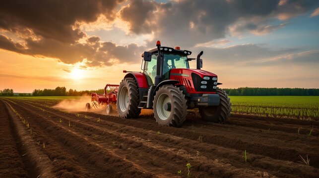 Using a tractor, a farm field is seeded. Activity in agriculture