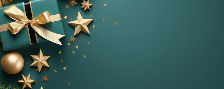Christmas gifts and decorations on dark green background  flat lay