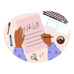 Hands holding pen and writing a wish list. Writing hands. Filling diary or signing document.  Vector illustration in flat style.
