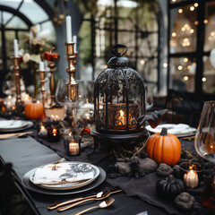 Fototapeta na wymiar Halloween table setting with candles, pumpkins and candlesticks