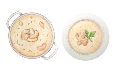 Watercolor hand drawn illustration of mushroom soup. Champignon kremb sauce with green parsley in pot and plate. Clip art for cooking book, menu, restaurants, cafe. Painting for lable, packing